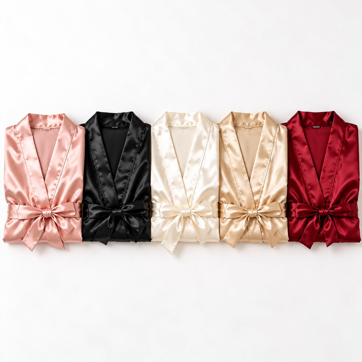 Satin robe colour options: blush pink, black, ivory, champagne, red