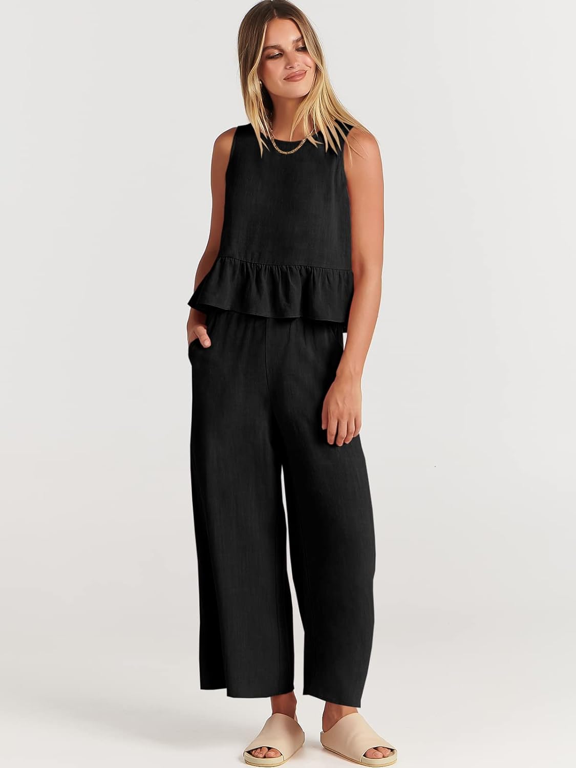 100% Viscose Linen Two Piece Coord set - Ruffles Crop Top & Wide Leg Pants -Black