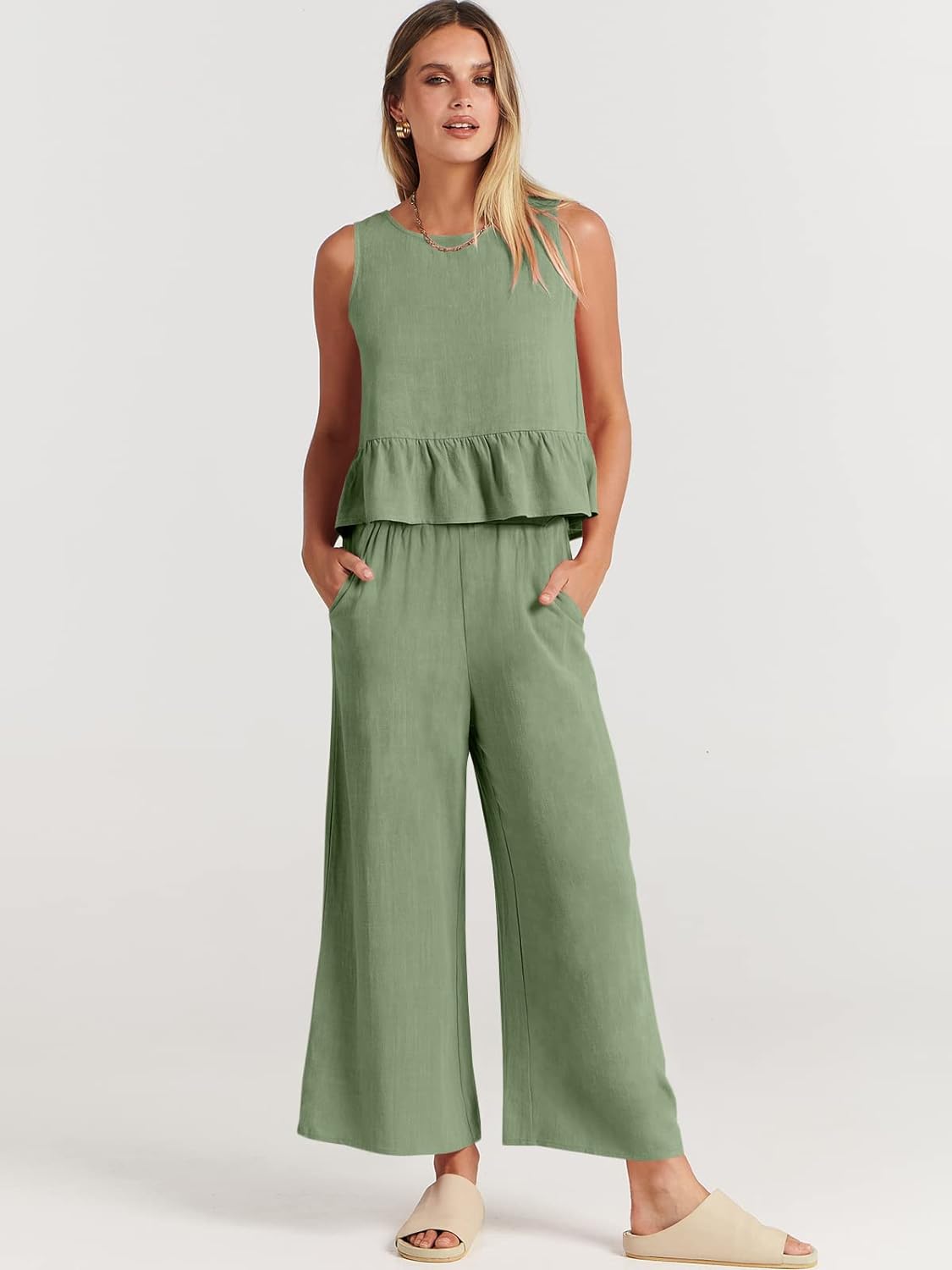 100% Viscose Linen Two Piece Coord set - Ruffles Crop Top & Wide Leg Pants - Olive