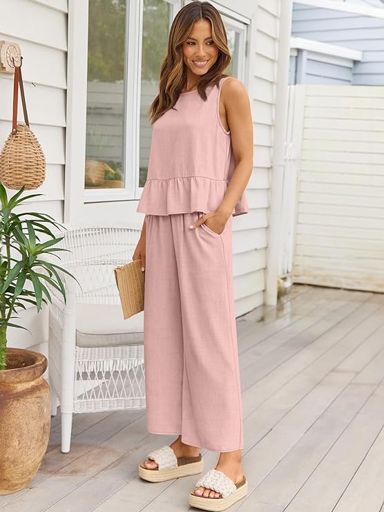 100% Viscose Linen Two Piece Coord set - Ruffles Crop Top & Wide Leg Pants -Pink