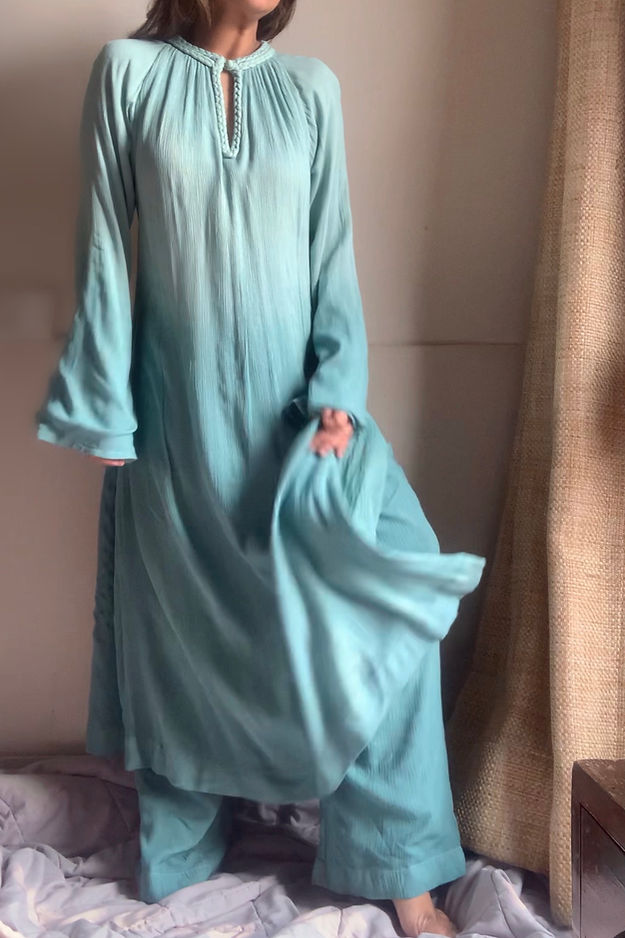 The Mira Set : Tie Dye Teal Long Kurta and pant