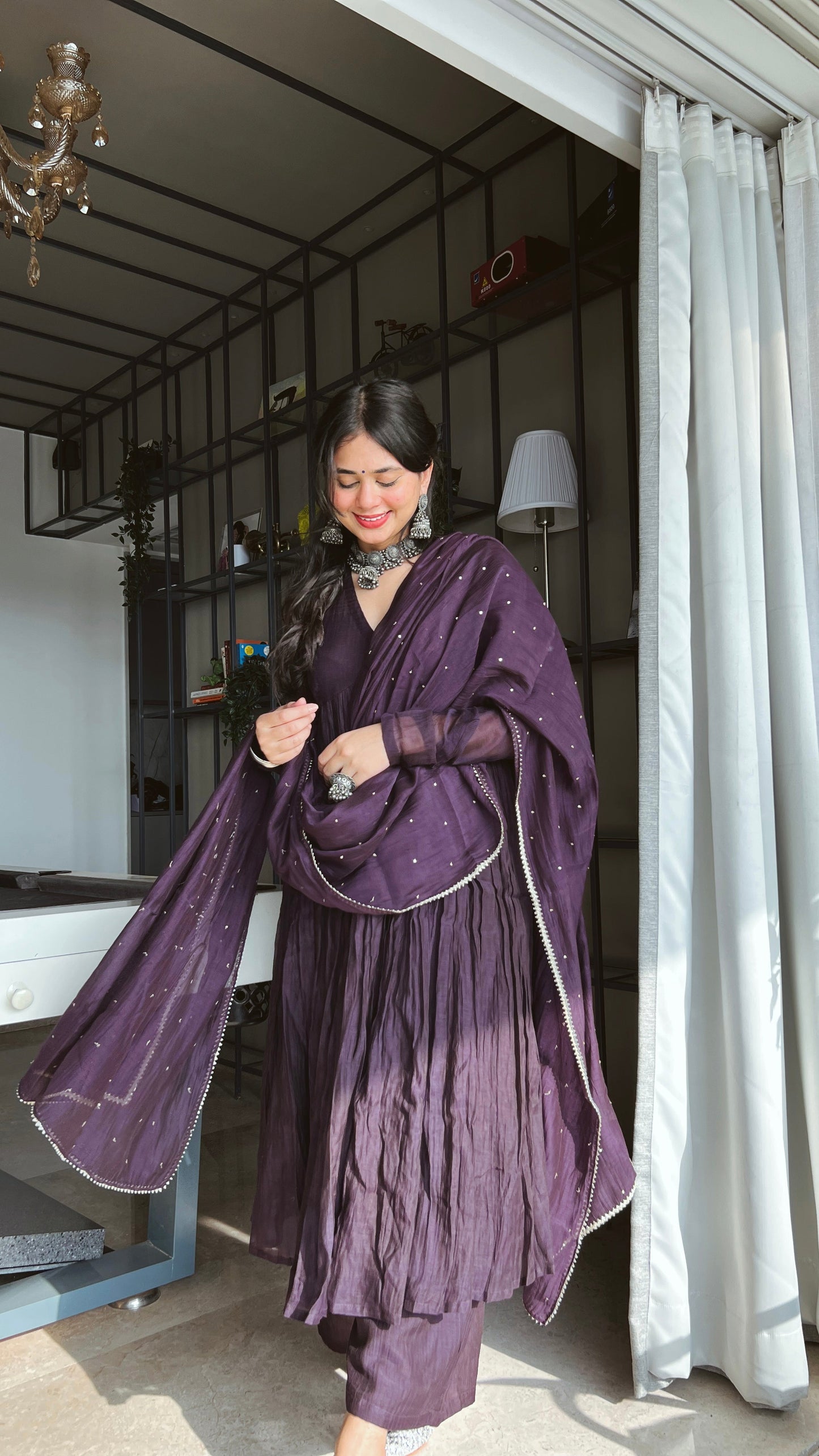 Purple chanderi anarkali with churi sleeves Set of 3