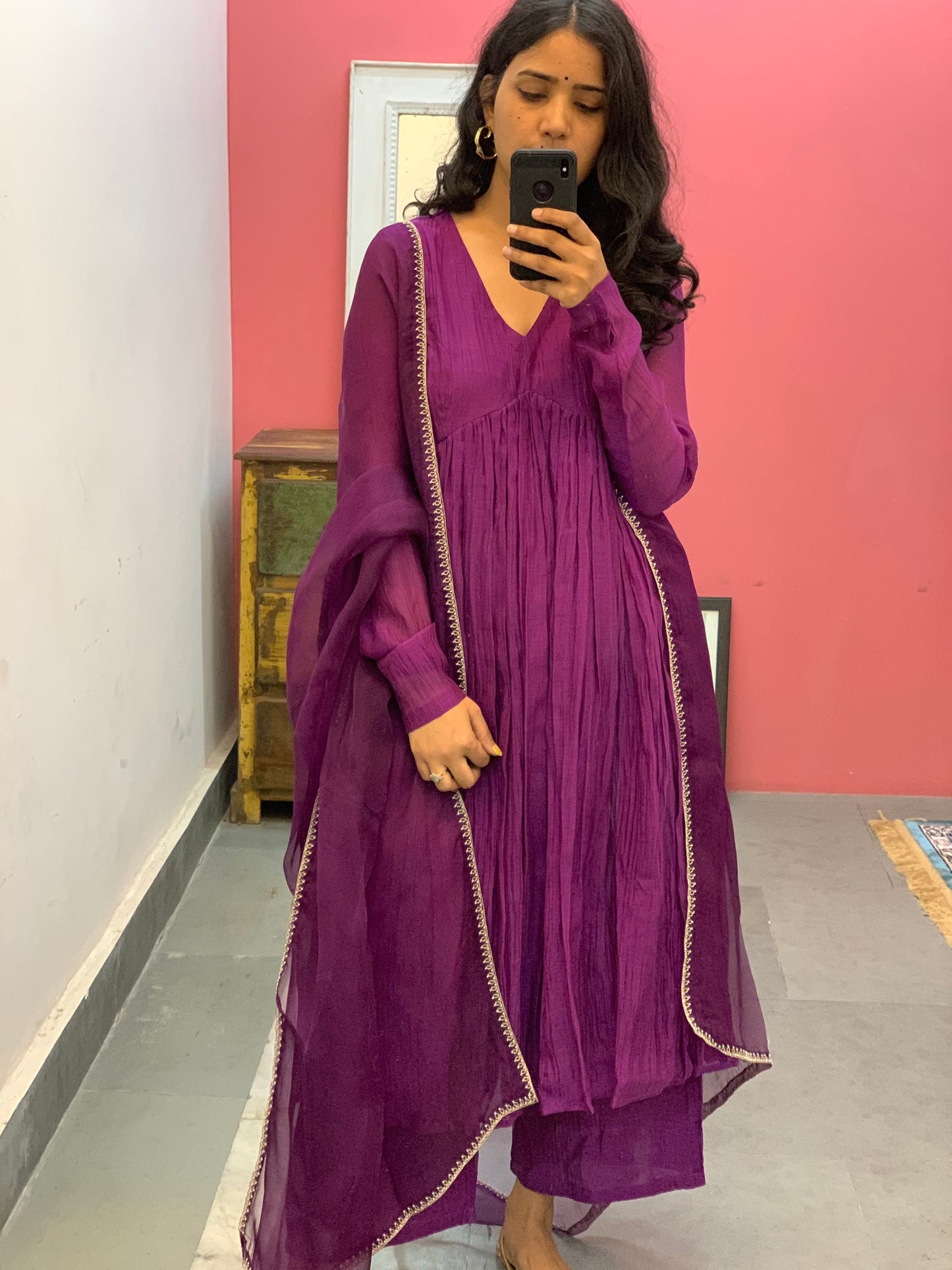 Purple pink anarkali with embroidered dupatta set of 3
