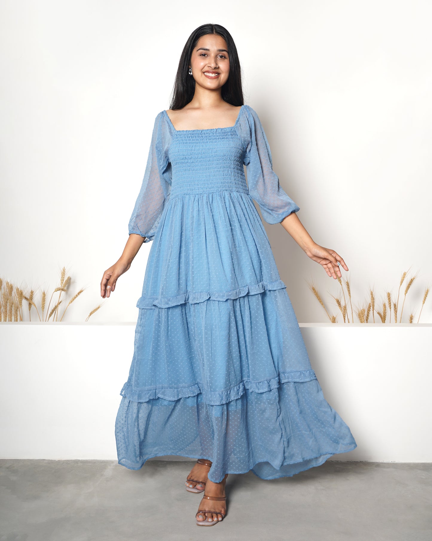 Dusty Blue Smoked One Piece Maxi Dress