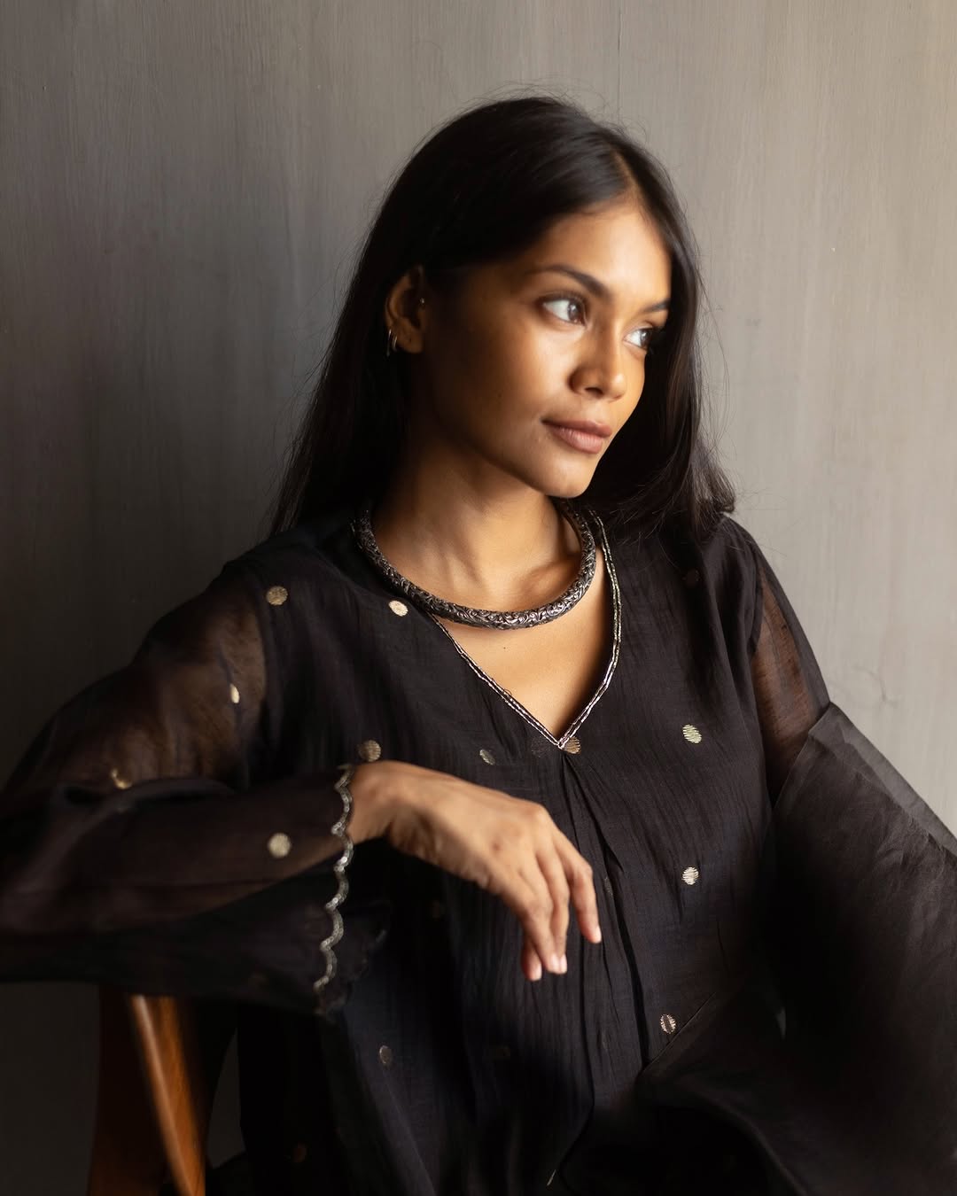 Black Silver Woven Dots Kurta Set