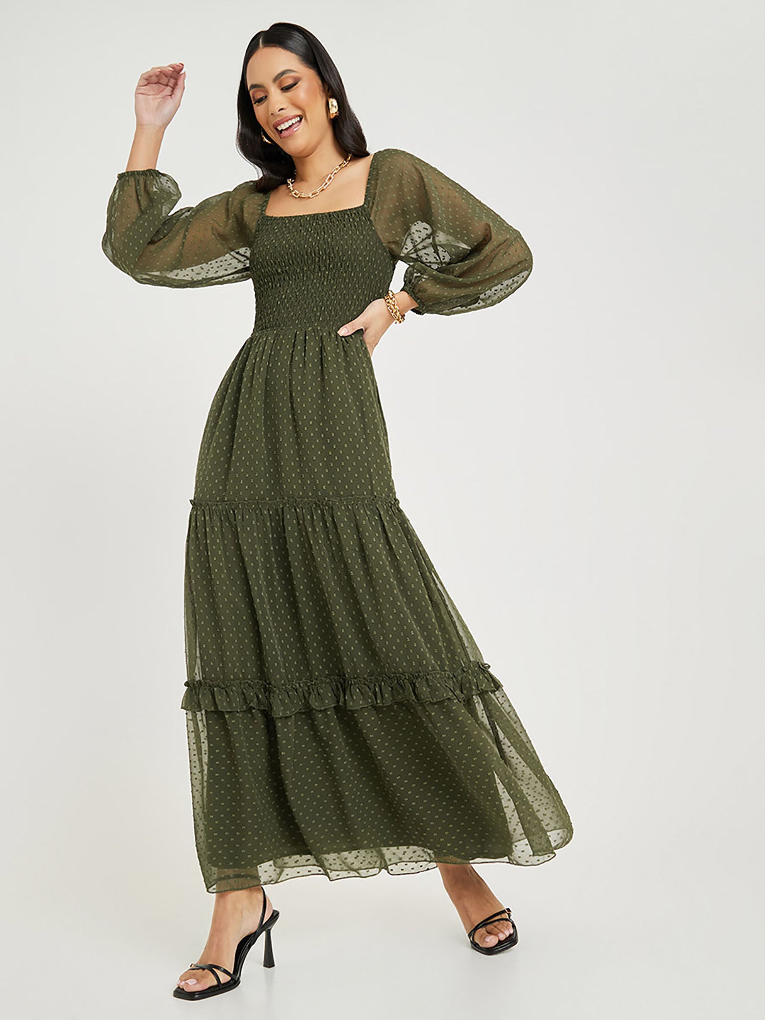 Olive Green Dobby Smoked One Piece Maxi Dress Olive Green Dobby Smoked One Piece Maxi Dress