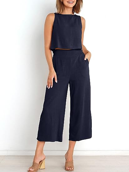 100% Soft Linen Viscose Navy Blue Cord-Set- Crop-top and pants Set