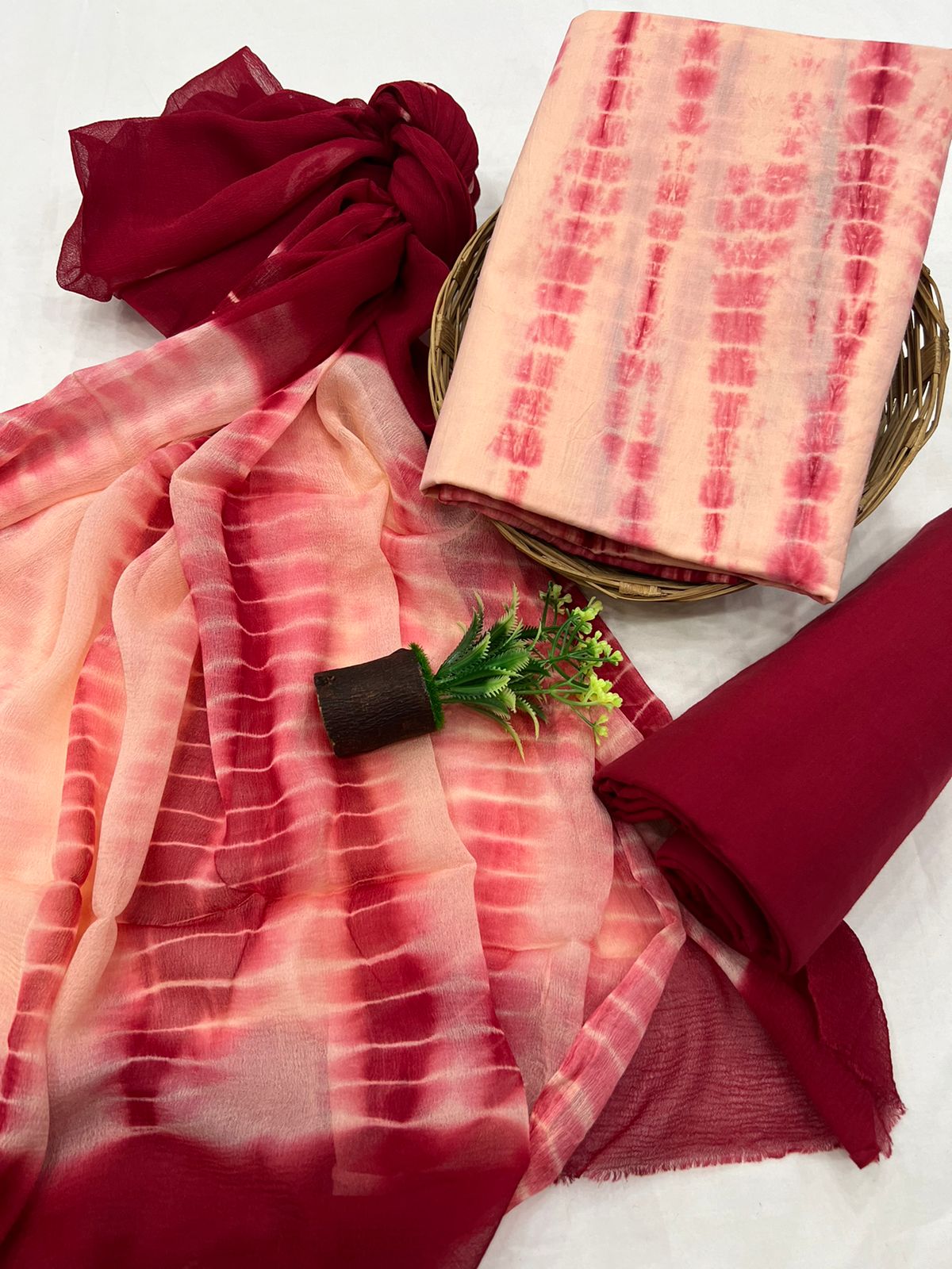 Tye And Dye Cotton Suit With Chiffon Dupatta