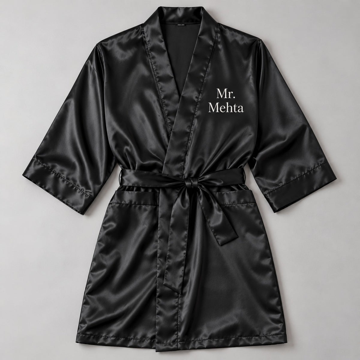Personalised men's black satin robe with custom name
