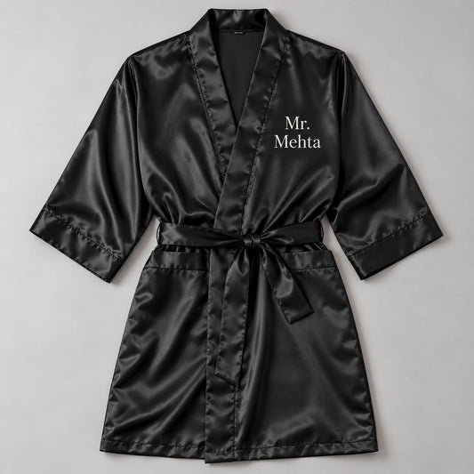Personalised men's black satin robe with custom name