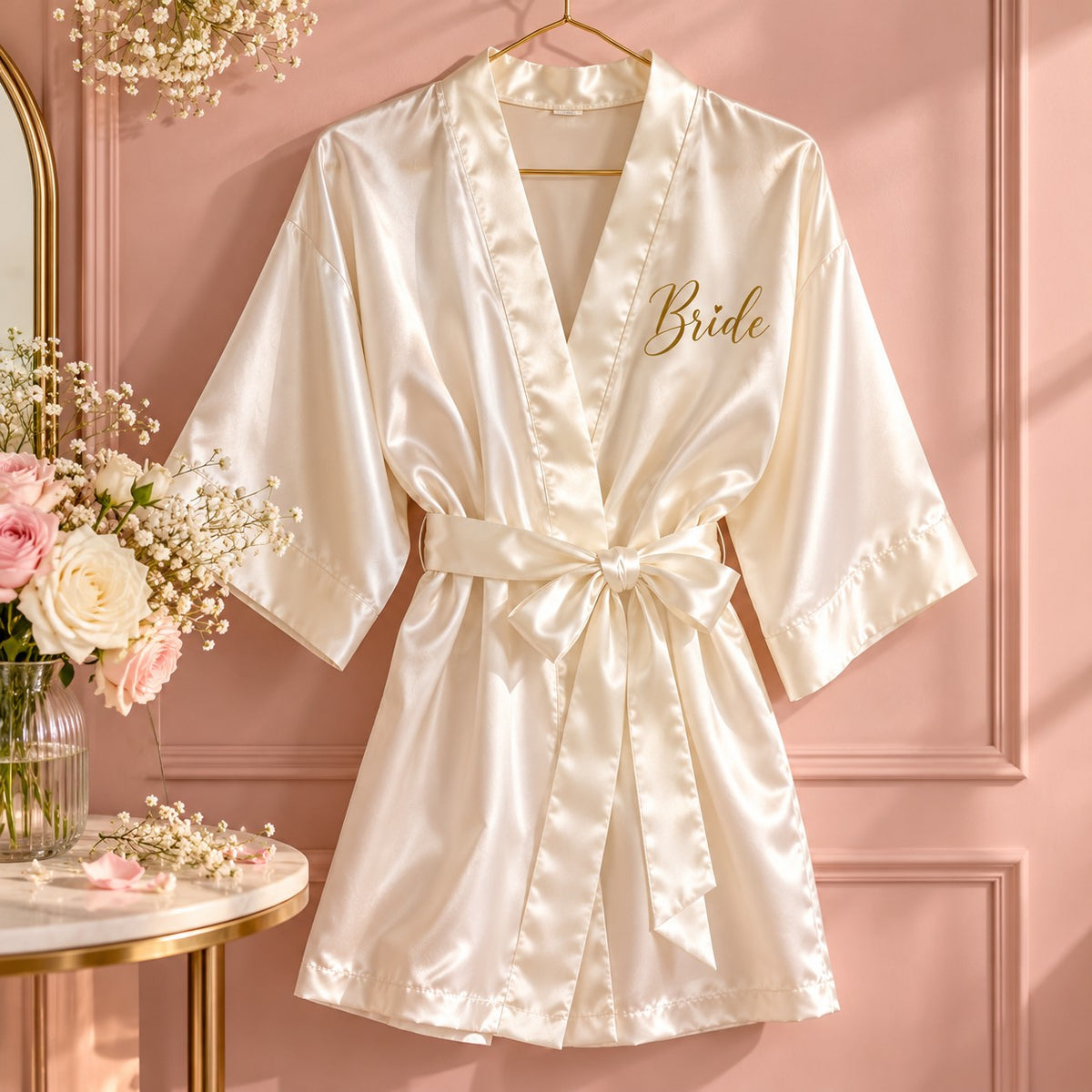 Ivory bride satin robe with gold Bride print