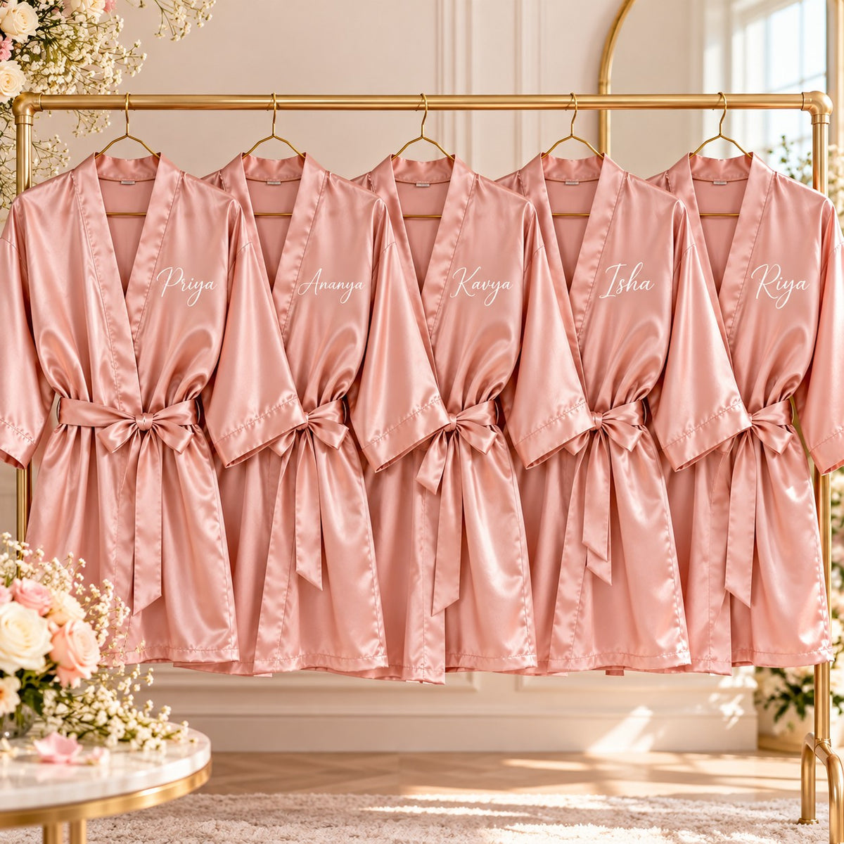 Personalised blush pink bridesmaid satin robes with names
