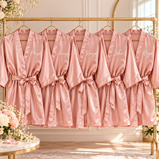 Personalised blush pink bridesmaid satin robes with names