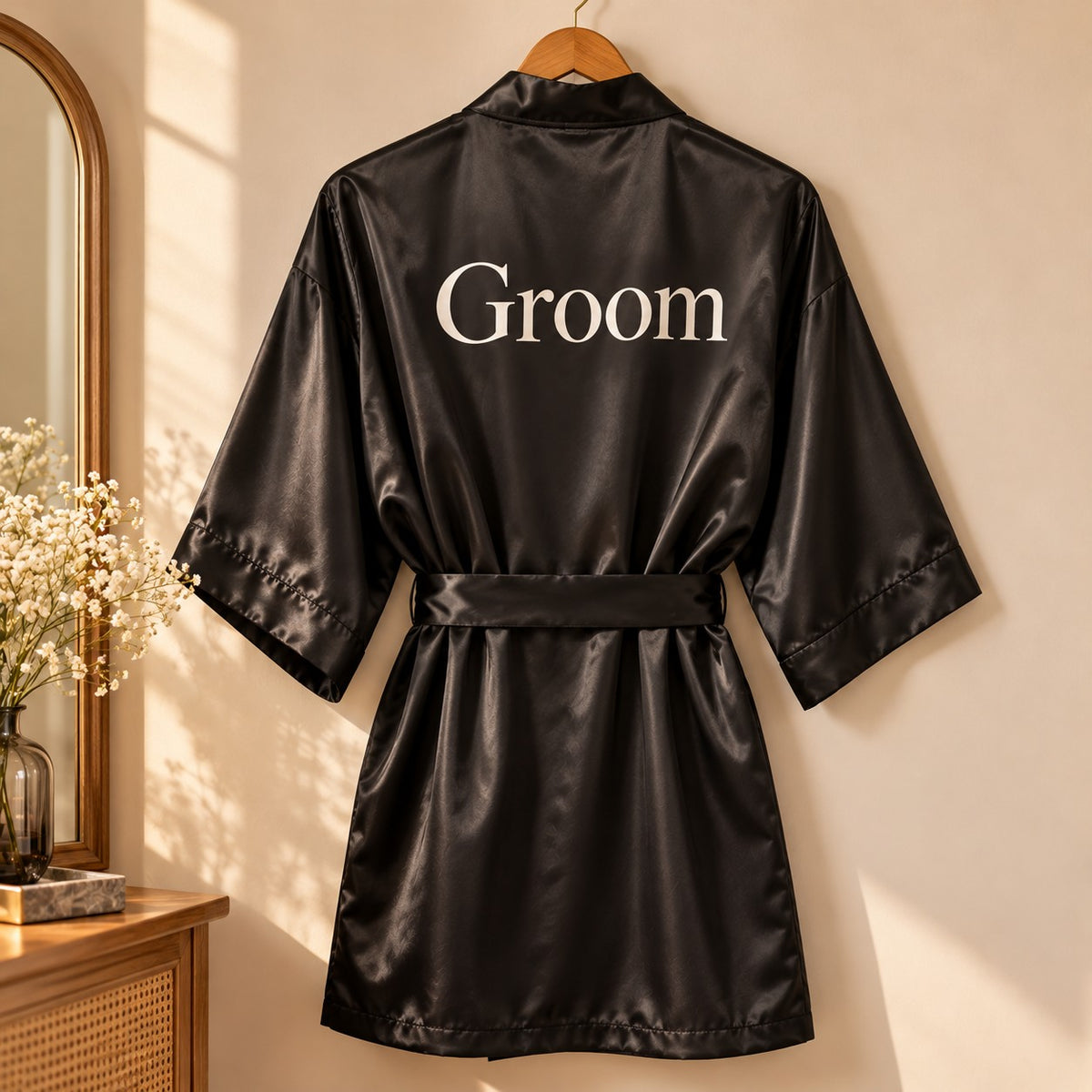Black groom satin robe with Groom printed on the back
