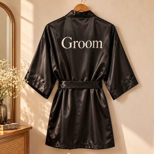 Black groom satin robe with Groom printed on the back