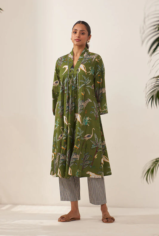 Green Tropical And Stripe Lovebirds Kurta Set/ Coord set with Pants