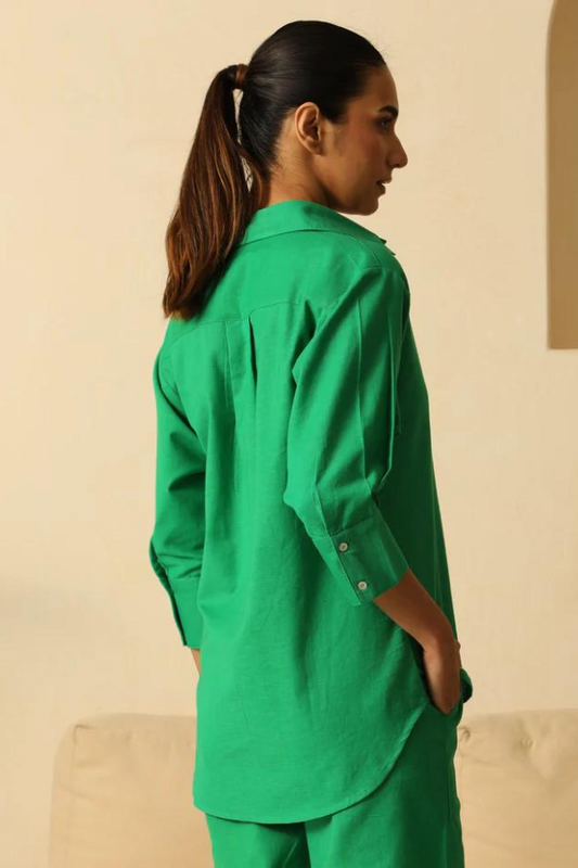 Dark Green Airy Linen Chic Sleeve Cord-Set