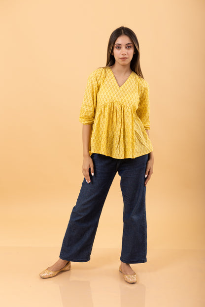 Yellow Buti 100% Cotton summer Short Kurti for Jeans -Peplum Top