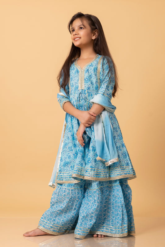 Girls- Kids Blue Sharara Kurti dupatta set ethnic wear (Copy)