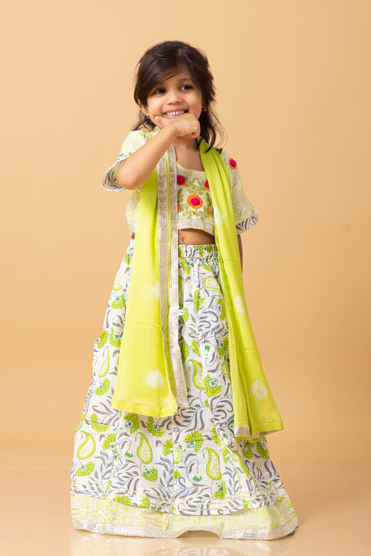 Girls- Kids Lemon Green Croptop Skirt Dupatta Set