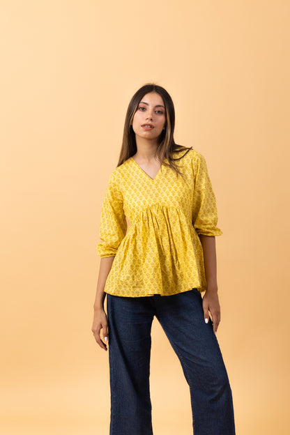 Yellow Buti 100% Cotton summer Short Kurti for Jeans -Peplum Top