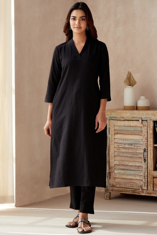 Office Wear Airy Linen Black Kurta pant set