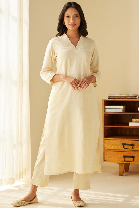 Cream Handcrafted Straight Cotton Kurta Pant Set For Womens