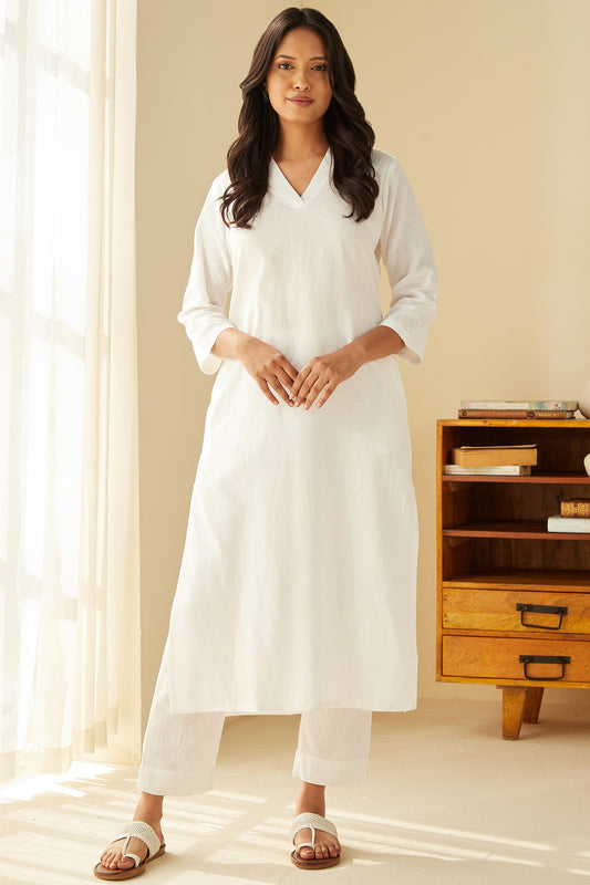 Office Wear Airy Linen White Kurta pant set