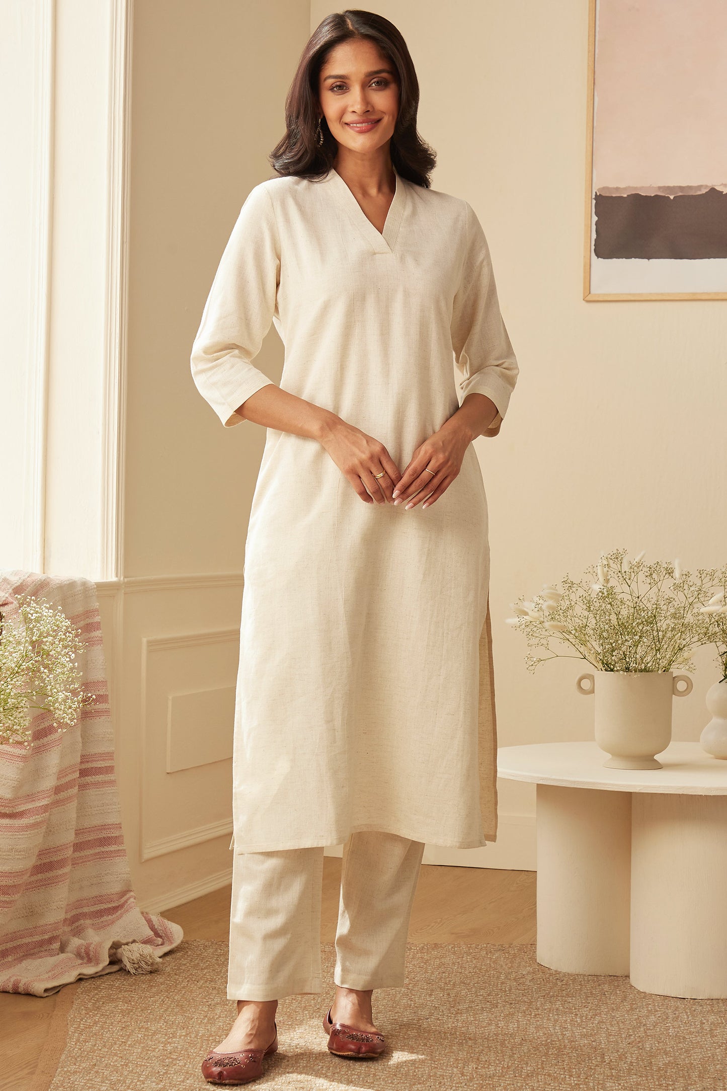 Office Wear Airy Linen off white Kurta pant set