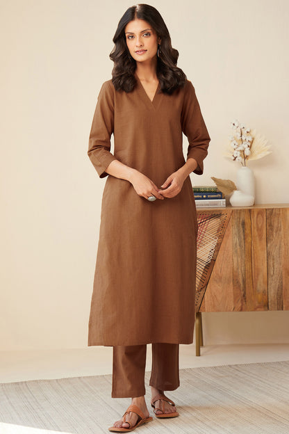 Office Wear Airy Linen Brown Kurta pant set