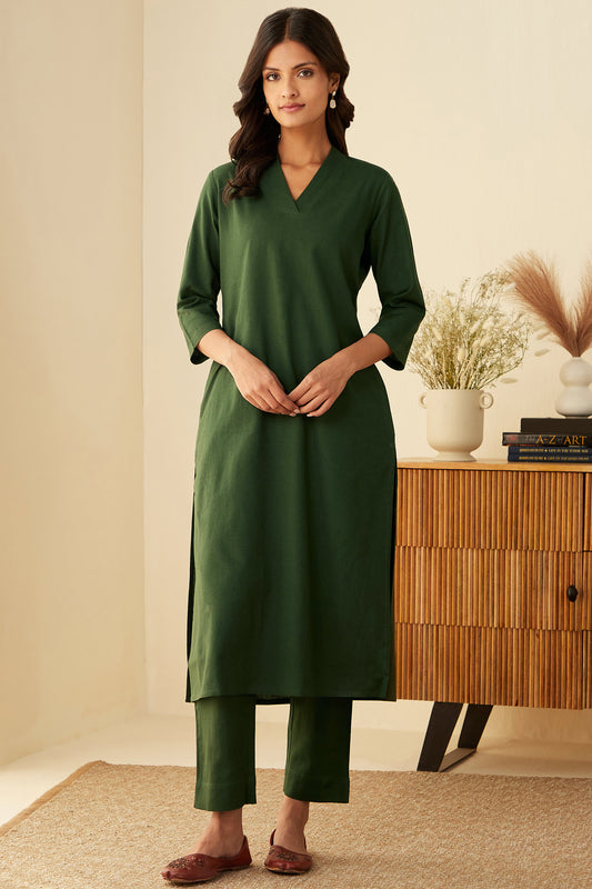 Office Wear Airy Linen Green Kurta pant set