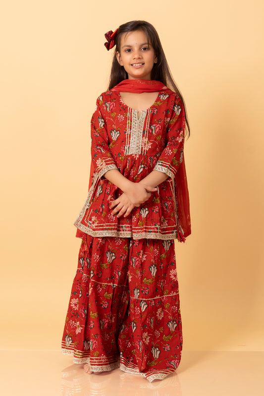 Girls- Kids Red Anarkali Kuirti Dupatta Sharara Set