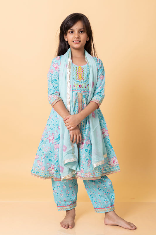 Girls- Kids Blue Floral Kurti Dupatta Pant set