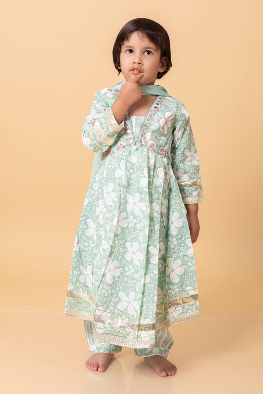 Girls- Kids SeaGreen Embroidery neck fill kurti dupatta set