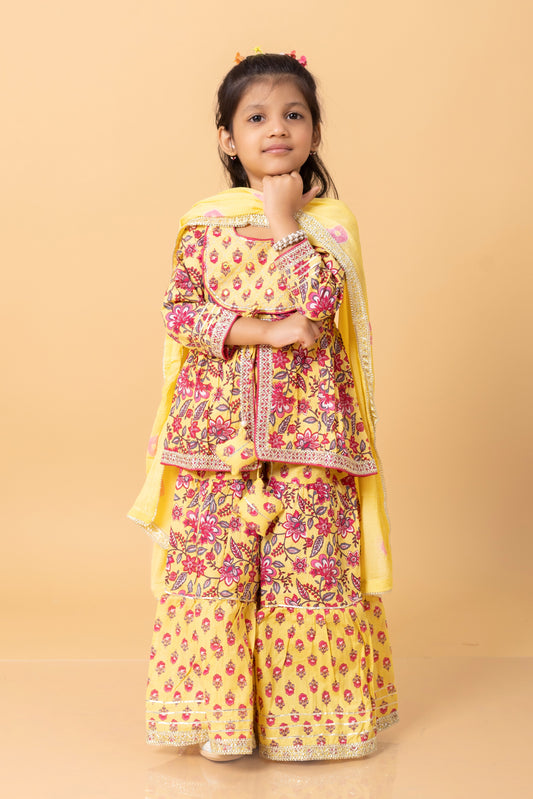 Girls- Kids Yellow Jacket Sharara Dupatta Set