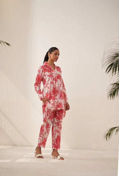 RED TROPICAL HIGH LOW LOVEBIRDS CO-ORD SET