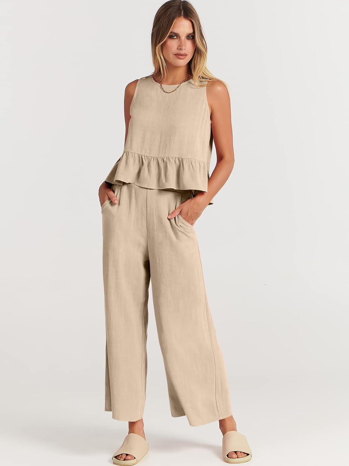 100% Viscose Linen Two Piece Coord set - Ruffles Crop Top & Wide Leg Pants -Beige