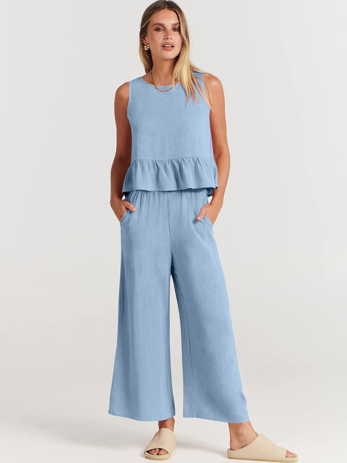 100% Viscose Linen Two Piece Coord set - Ruffles Crop Top & Wide Leg Pants - Light Blue