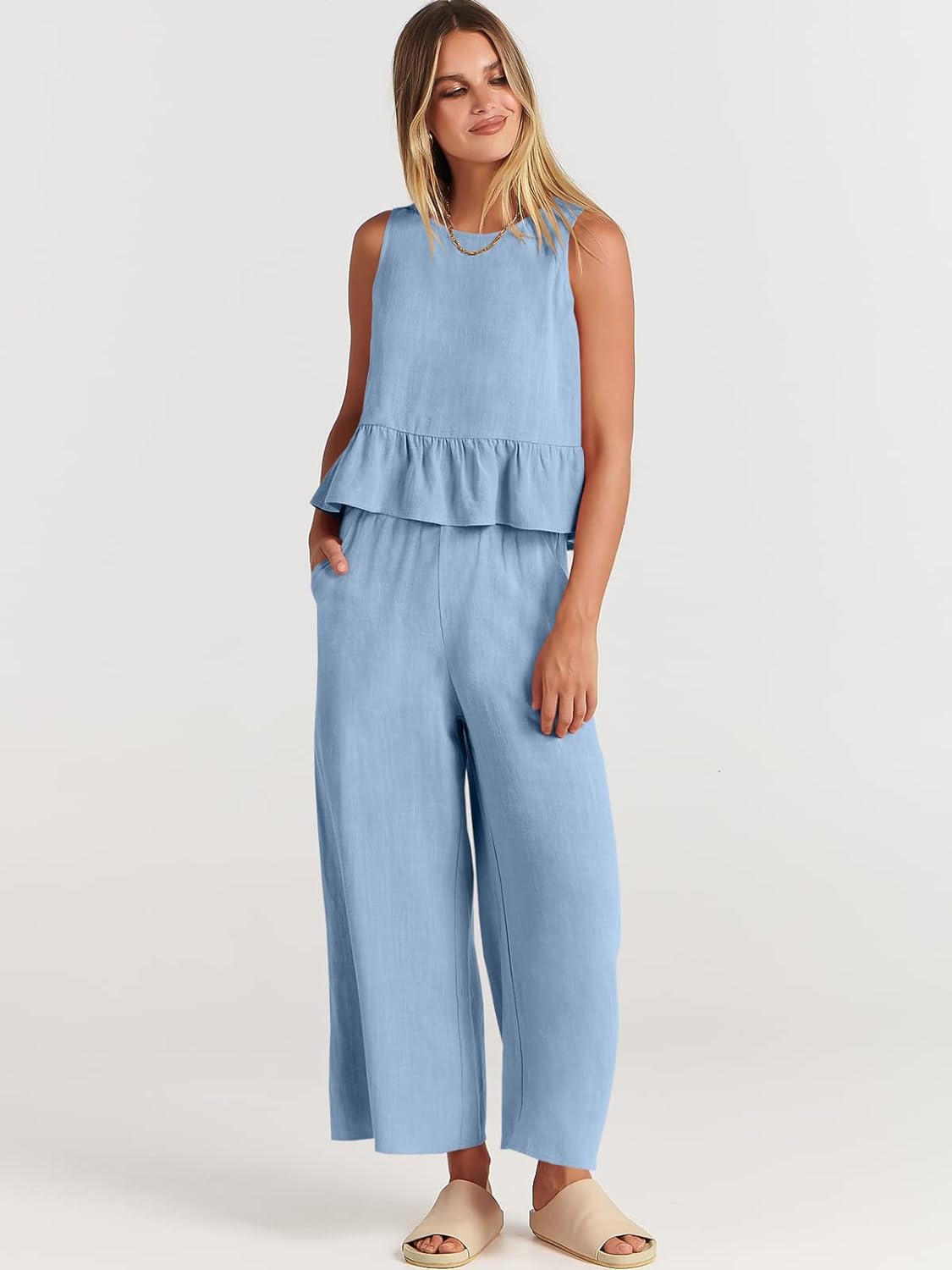 100% Viscose Linen Two Piece Coord set - Ruffles Crop Top & Wide Leg Pants - Light Blue