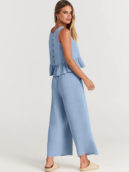 100% Viscose Linen Two Piece Coord set - Ruffles Crop Top & Wide Leg Pants - Light Blue