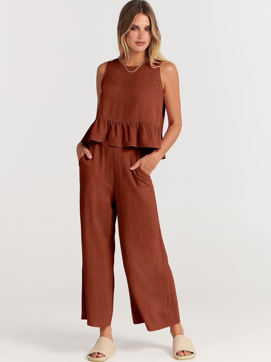 100% Viscose Linen Two Piece Coord set - Ruffles Crop Top & Wide Leg Pants - Brown