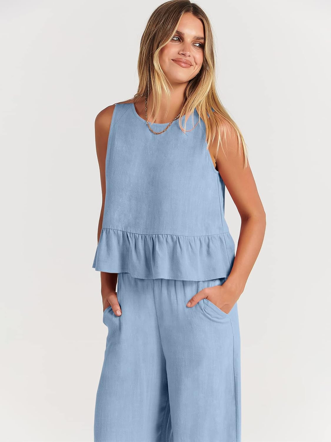 100% Viscose Linen Two Piece Coord set - Ruffles Crop Top & Wide Leg Pants - Light Blue