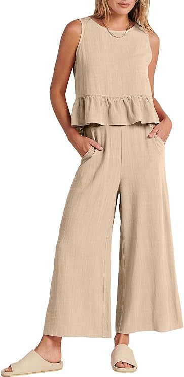 100% Viscose Linen Two Piece Coord set - Ruffles Crop Top & Wide Leg Pants -Beige