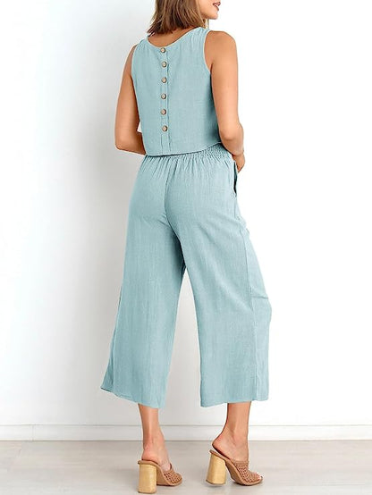 100% Soft Linen Viscose Light Blue Cord-set - Linen Pants and Linen Crop-top