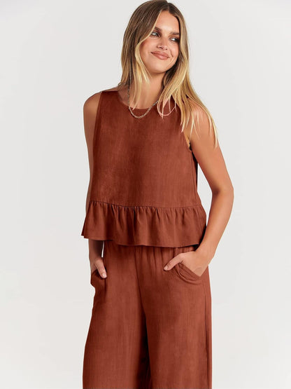 100% Viscose Linen Two Piece Coord set - Ruffles Crop Top & Wide Leg Pants - Brown