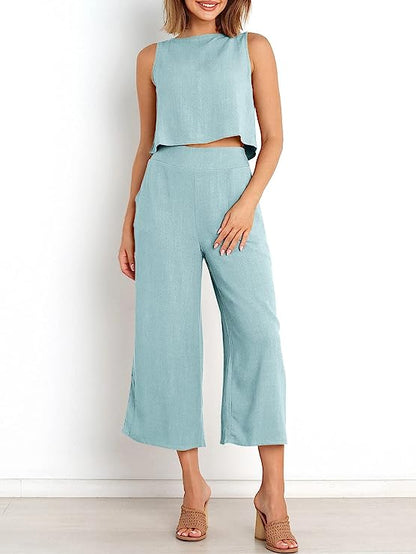 100% Soft Linen Viscose Light Blue Cord-set - Linen Pants and Linen Crop-top