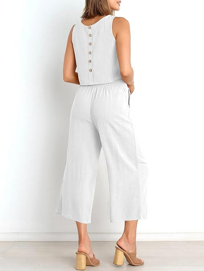 100% Soft Linen Viscose White Cord-Set- Crop-Top and Shirt Set