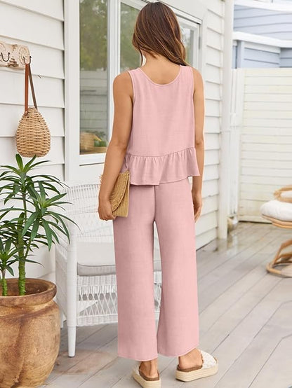 100% Viscose Linen Two Piece Coord set - Ruffles Crop Top & Wide Leg Pants -Pink
