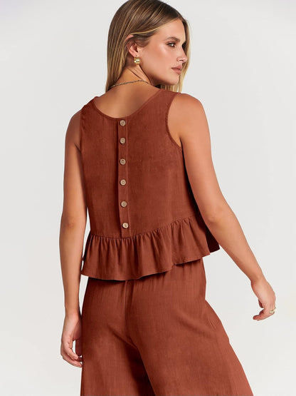 100% Viscose Linen Two Piece Coord set - Ruffles Crop Top & Wide Leg Pants - Brown