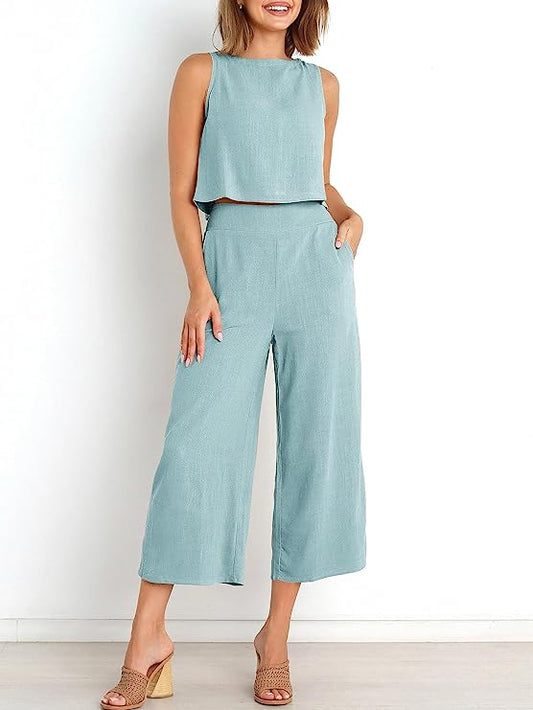 100% Soft Linen Viscose Light Blue Cord-set - Linen Pants and Linen Crop-top